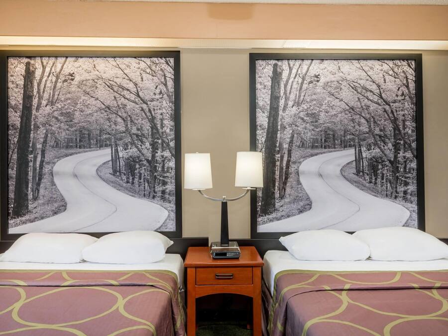 A hotel room with two beds, a nightstand with a lamp, and two large framed pictures of a snowy road.
