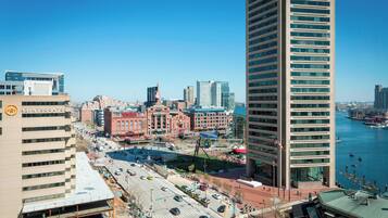 A cityscape with a prominent modern building, a historic building, and a waterfront.