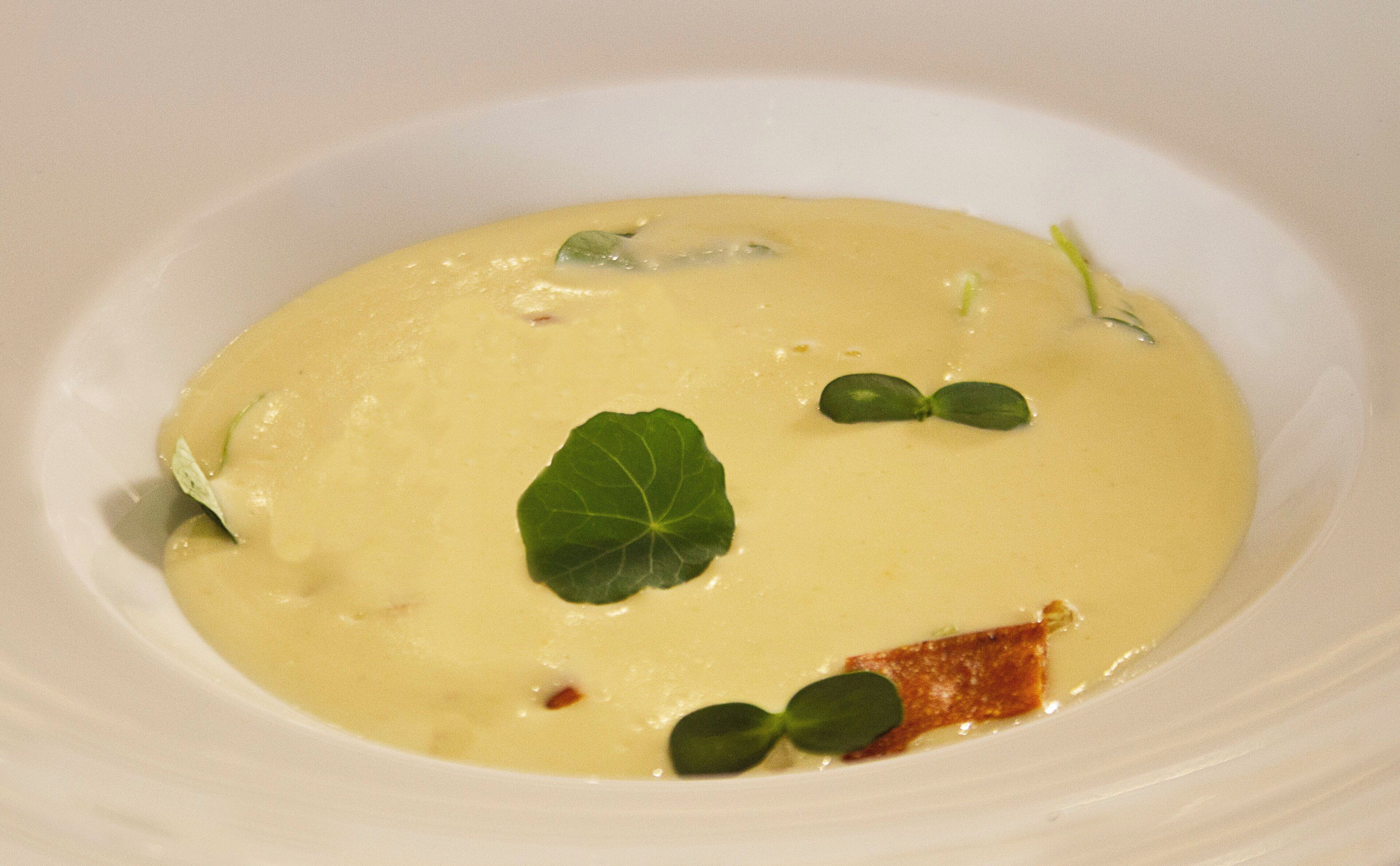 A white bowl of creamy soup with a garnish of green leaves and a piece of crispy food.