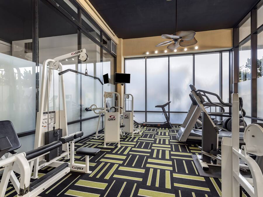 A gym with exercise equipment, large windows, and a ceiling fan.