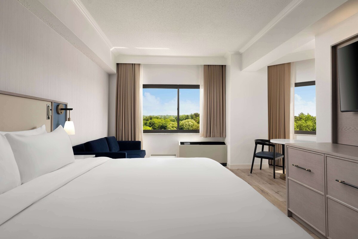 Una habitación de hotel moderna con una cama grande, un escritorio, una silla y un televisor.