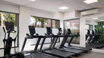 A gym with treadmills and elliptical machines, large windows, and a green wall.