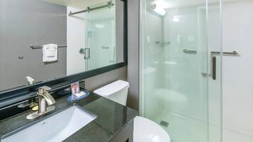 A modern bathroom with a glass-enclosed shower, a white toilet, and a sink with a black countertop.