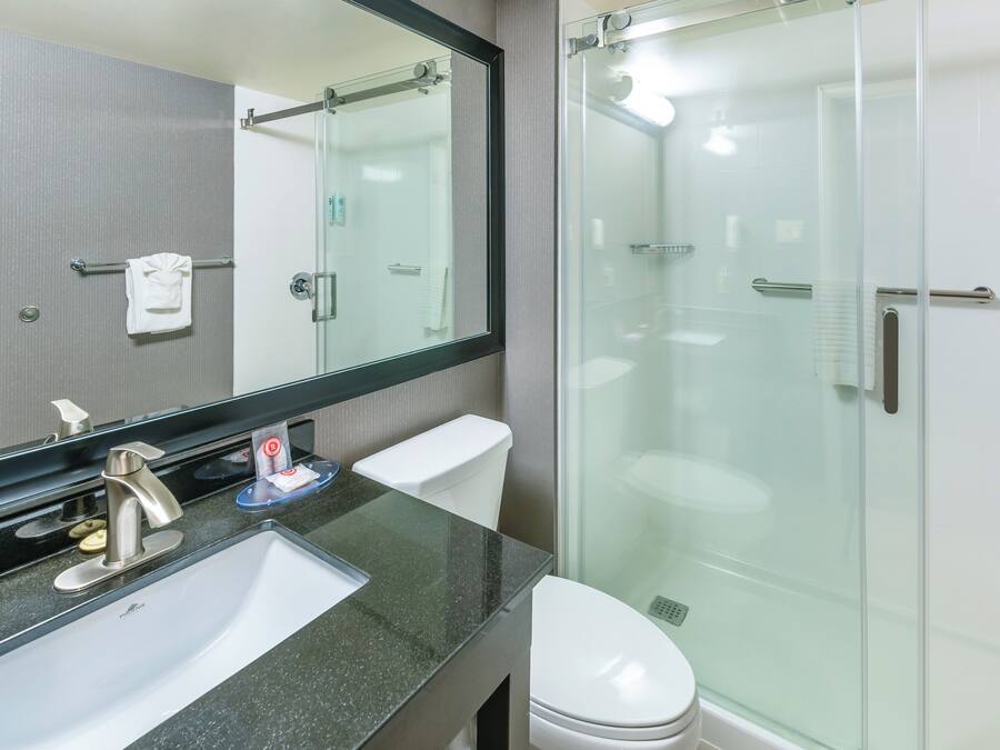 Un baño moderno con ducha envuelta en vidrio, inodoro blanco y lavamanos con encimera negra.