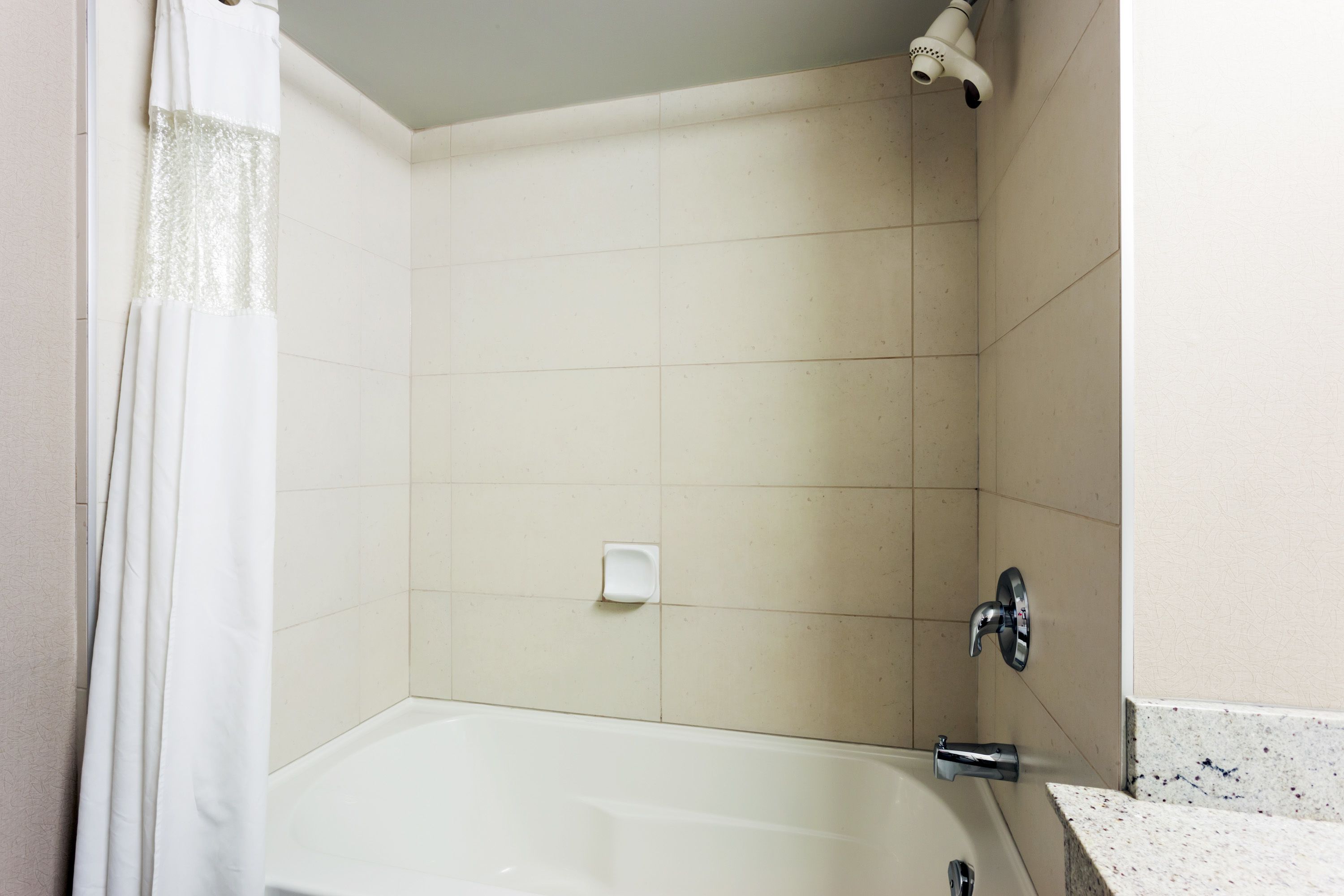 Une salle de bain équipée d’une baignoire, d’une pomme de douche et d’un porte-savon.