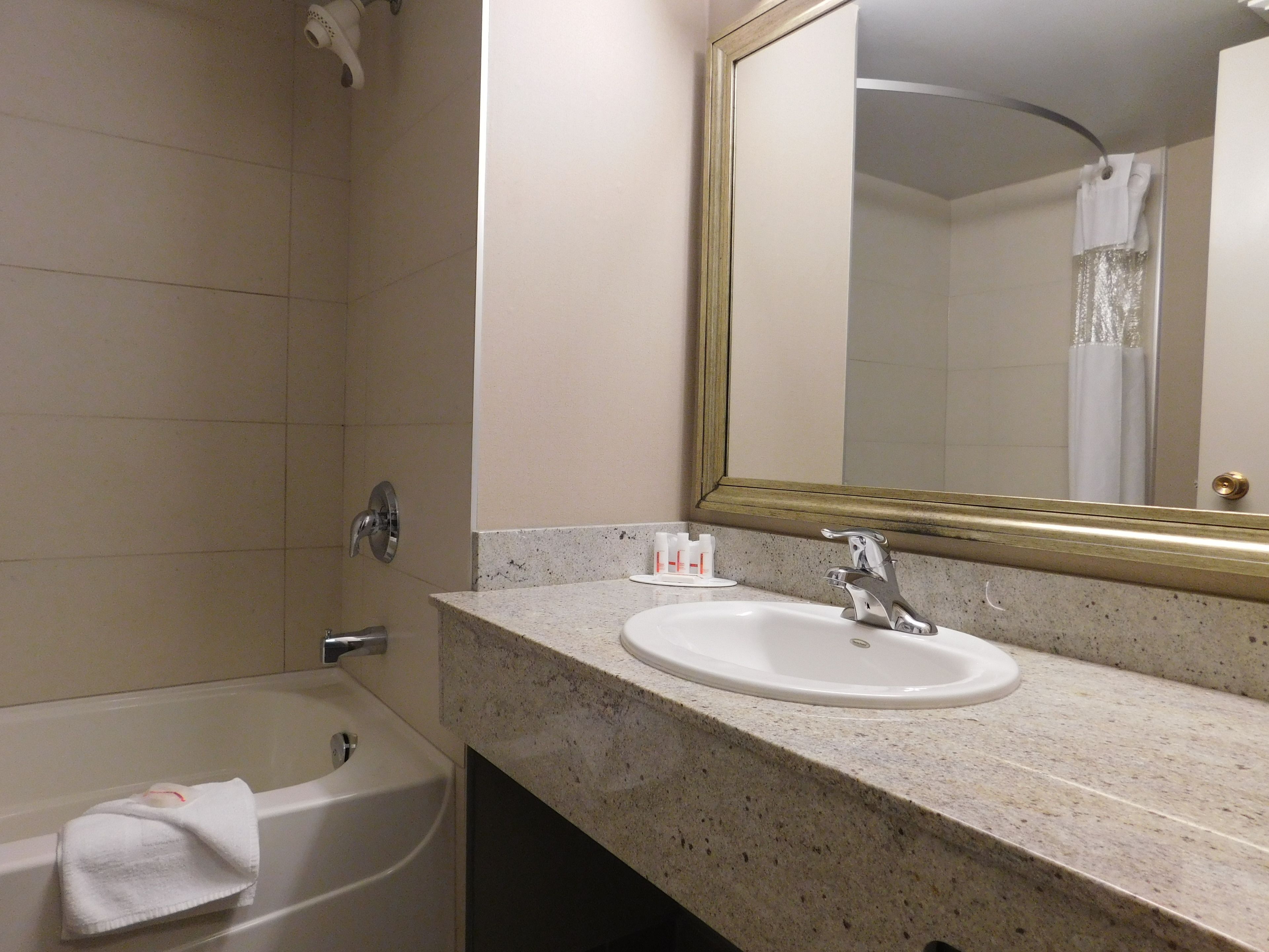 Une salle de bain avec une baignoire, un lavabo et un miroir.