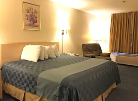 Una habitación de hotel con una cama grande, una silla, un escritorio y una lámpara.