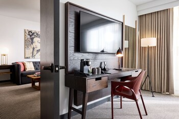 Suite, 1 King Bed with Sofa bed | Premium bedding, in-room safe, desk, laptop workspace at Hotel Kabuki, part of JdV by Hyatt