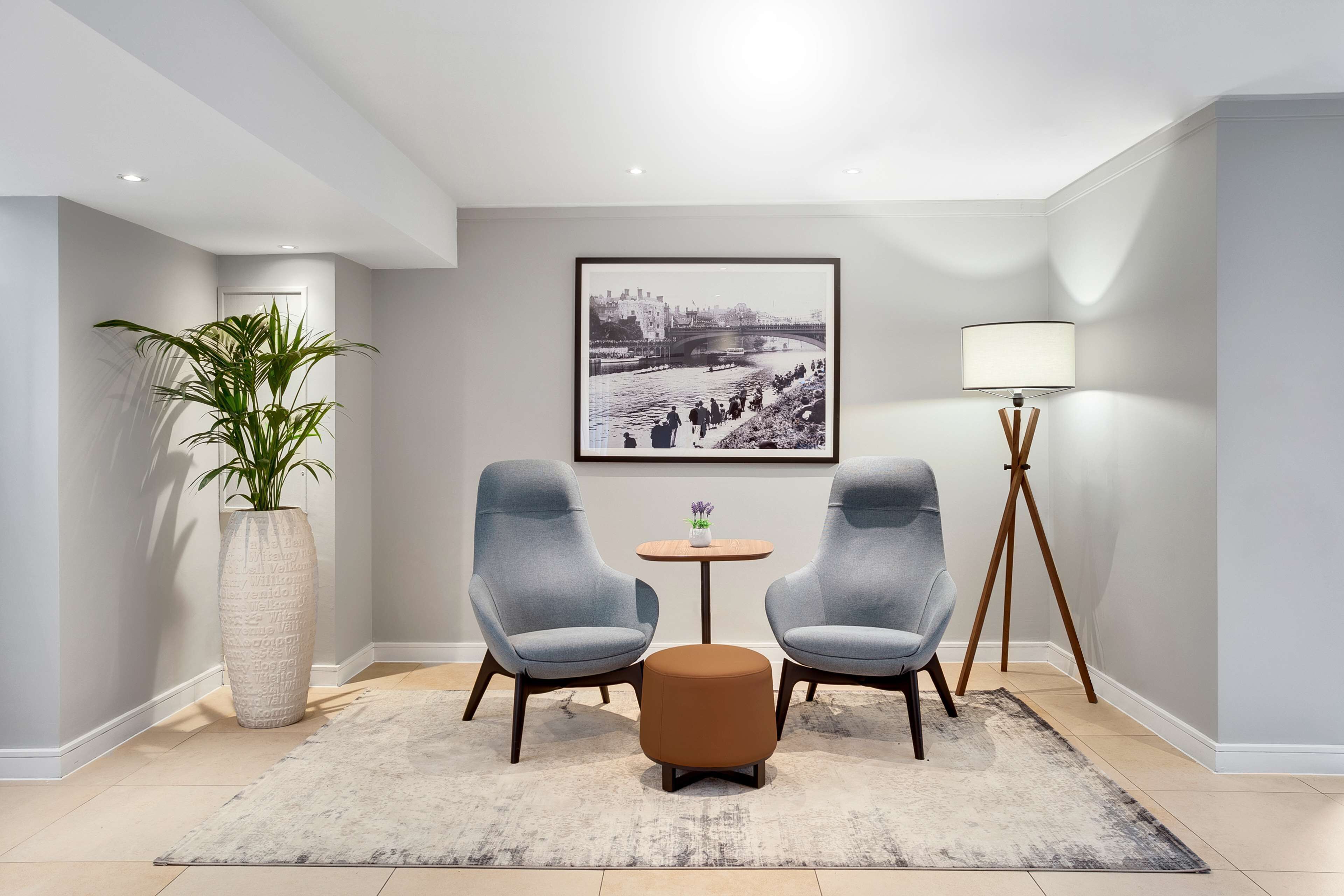 A modern room with two grey armchairs, a small round table, a large potted plant, a framed black and white photo on the wall, and a floor lamp.