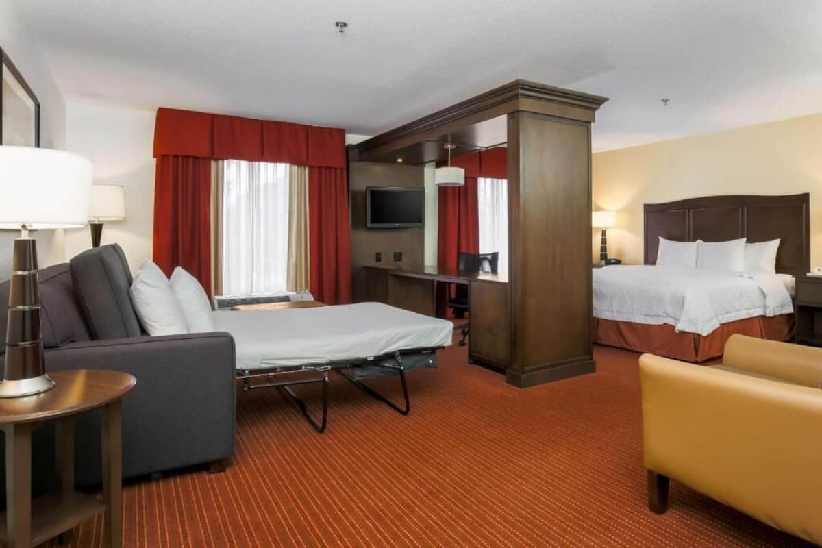 A hotel room with a bed, a sofa, a desk, a TV, and a mirror.