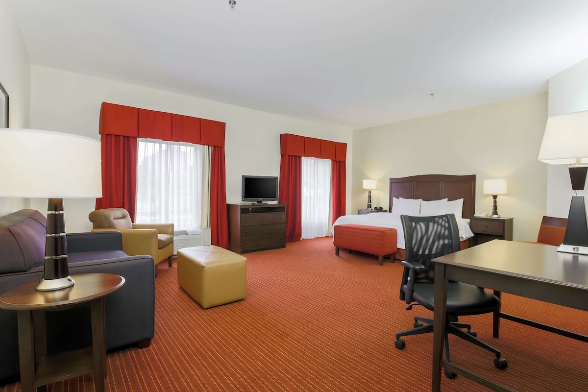 A hotel room with a bed, a desk, a chair, a sofa, a TV, and a lamp.