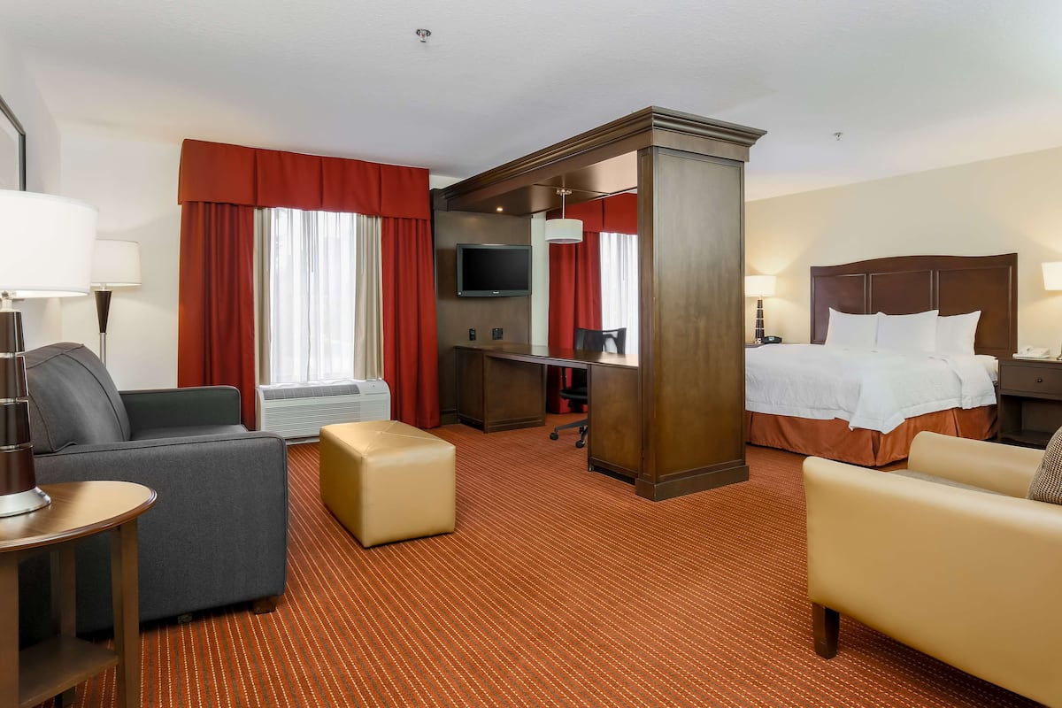 A hotel room with a bed, a desk, a TV, a sofa, and a small table.