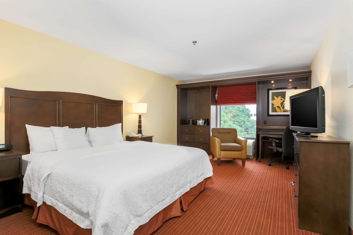 A hotel room with a large bed, a desk with a computer, a chair, a TV, and a window with a view of trees.
