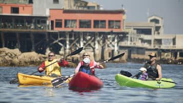 Tres kayaks sobre aguas tranquilas, con edificios al fondo.