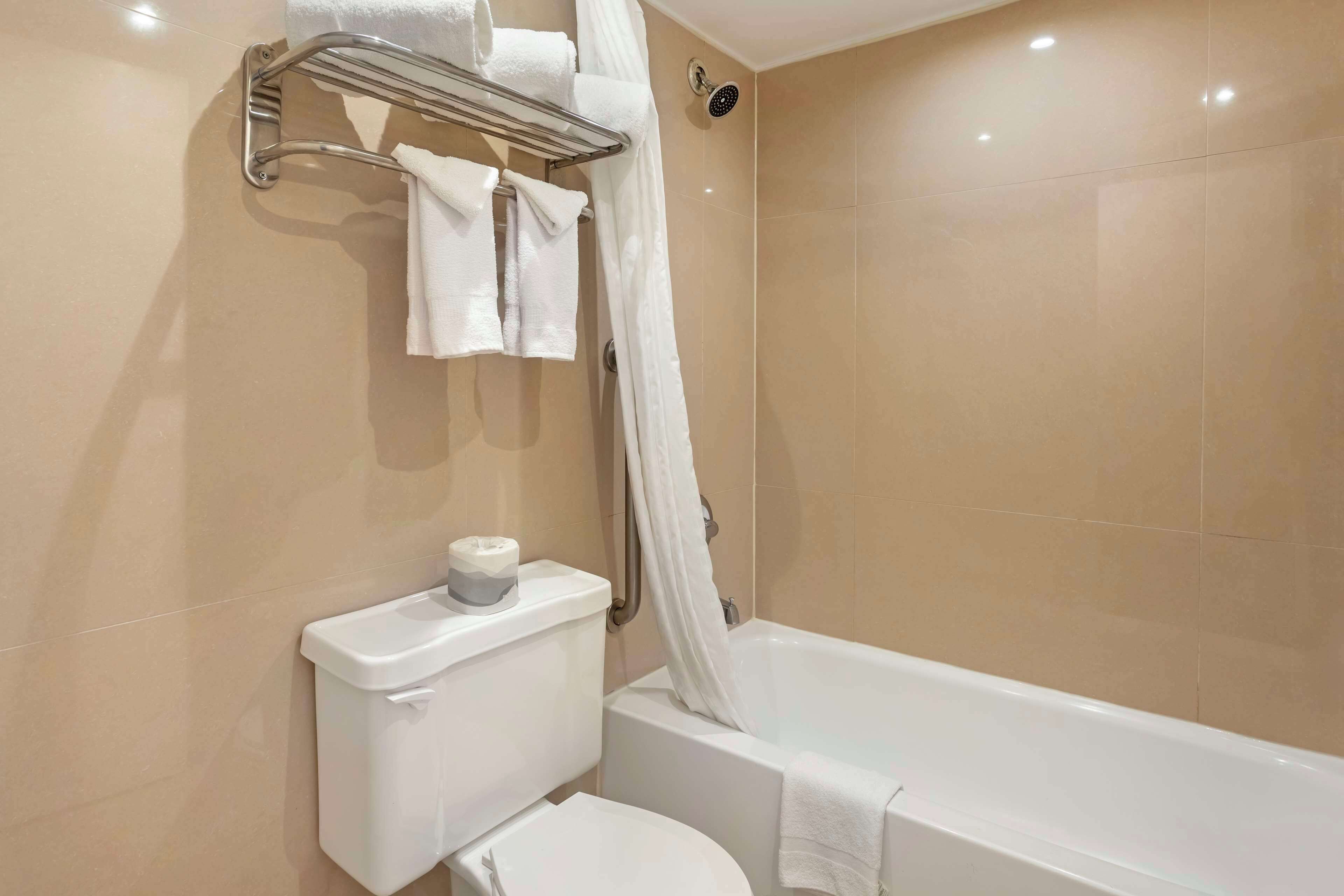 A bathroom with a toilet, a bathtub, and a shower.
