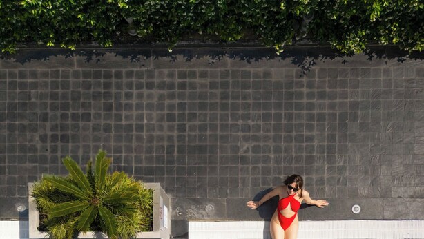 A swimming pool with clear blue water, a tiled wall, and a potted plant.