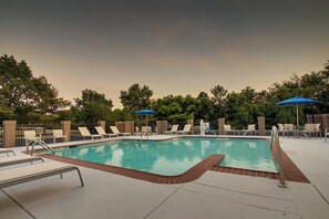 Seasonal outdoor pool, pool umbrellas, pool loungers