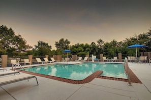 Seasonal outdoor pool, pool umbrellas, pool loungers