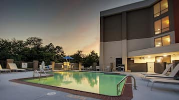 Seasonal outdoor pool, pool umbrellas, pool loungers