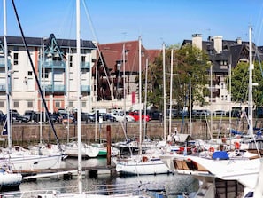 A marina with boats docked, a bridge, and buildings in the background.
