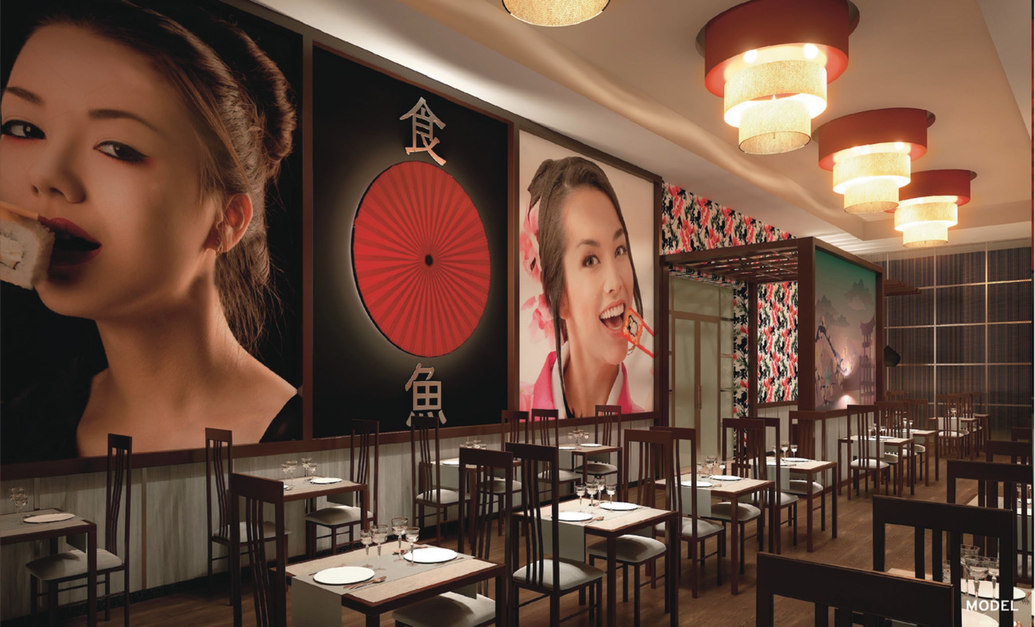 Een restaurant interieur met meerdere eettafels, stoelen en hangende lampen.