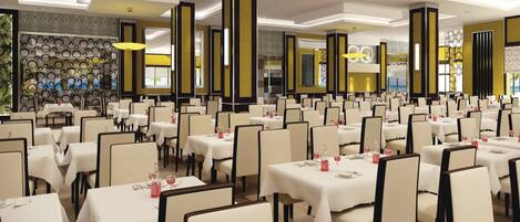 A spacious dining area with multiple tables and chairs, arranged in a modern and elegant setting.