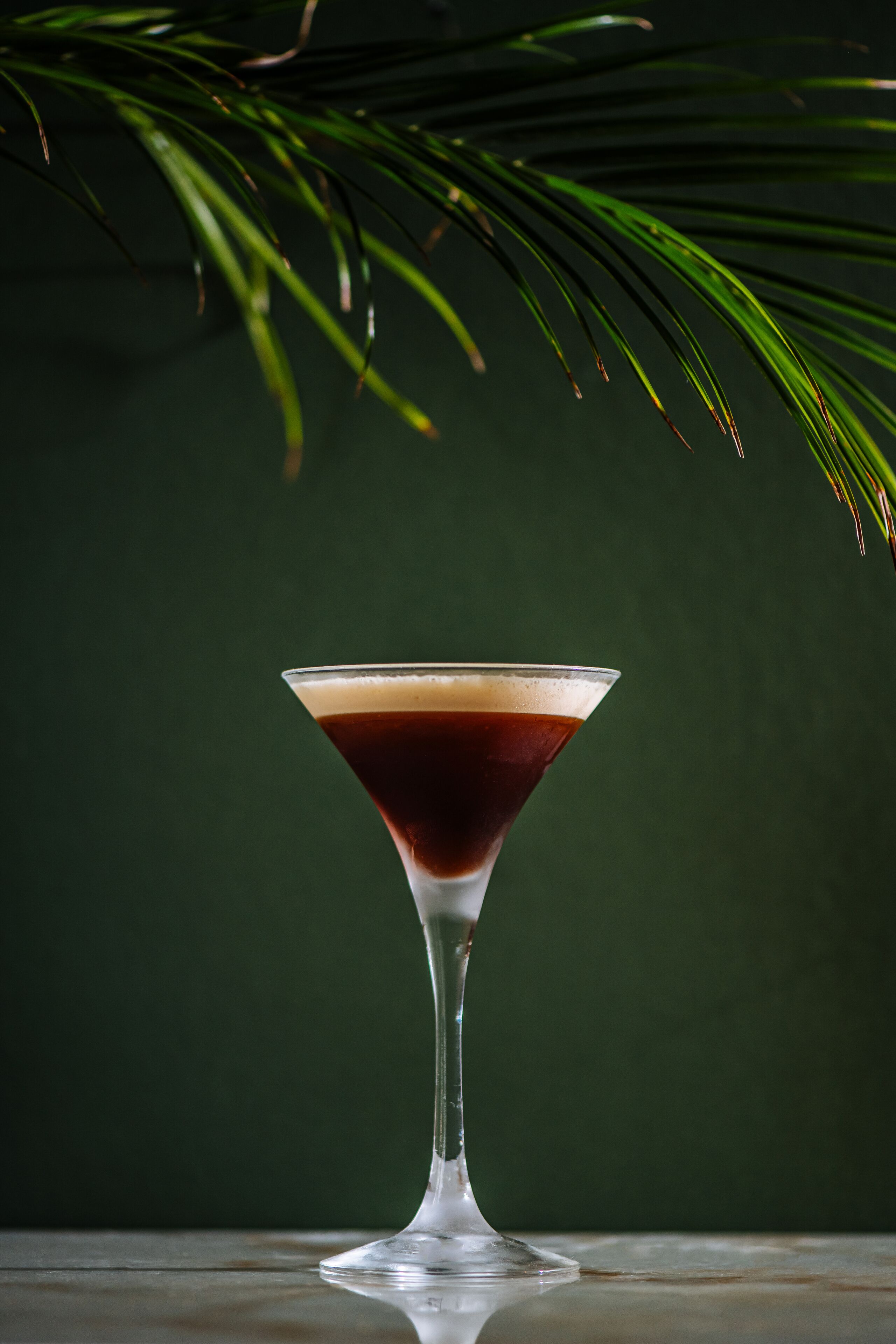 Una copa de martini con líquido oscuro sobre una superficie reflectante, sobre un fondo oscuro con una planta verde al lado.