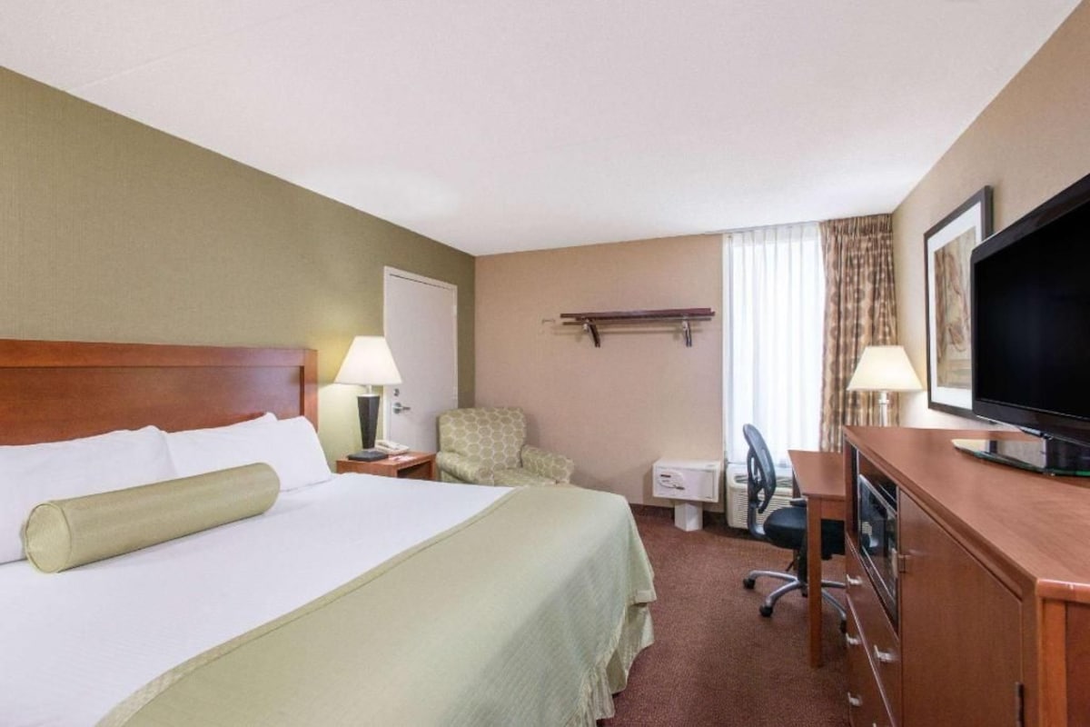 A hotel room with a bed, a desk, a television, and a chair.