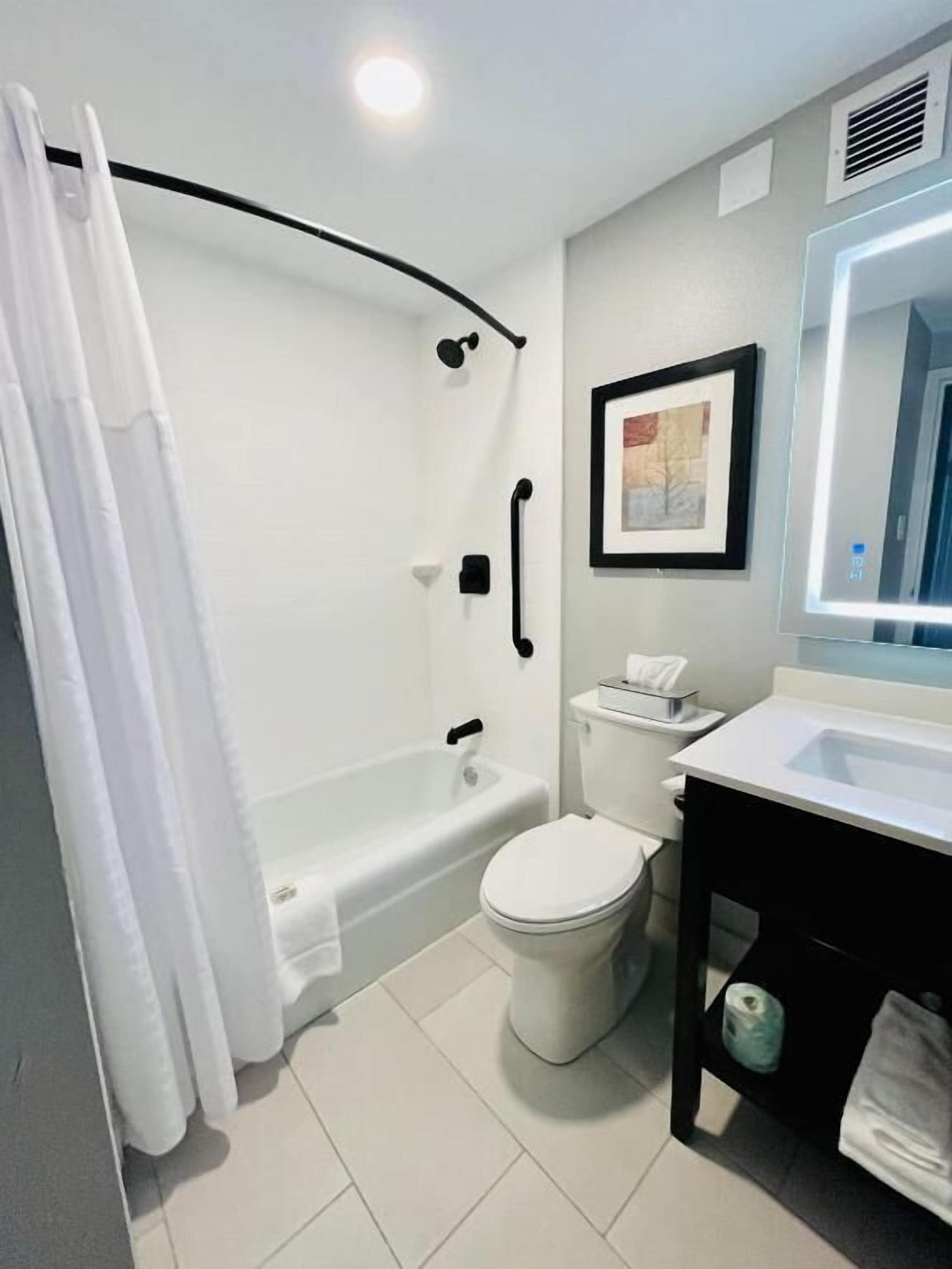 combined shower/bathtub, free toiletries, hair dryer, towels