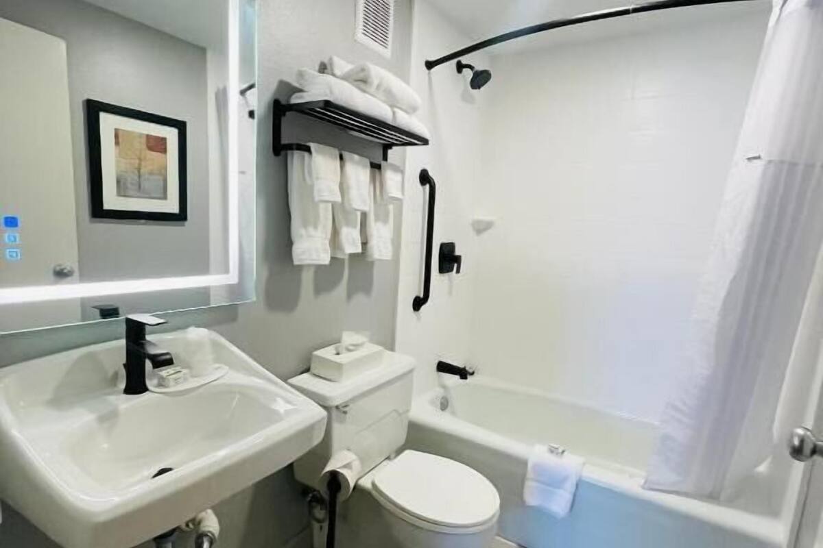 superior room, 1 king bed with sofa bed, non smoking (kitchenette) | bathroom | combined shower/bathtub, free toiletries, hair dryer, towels