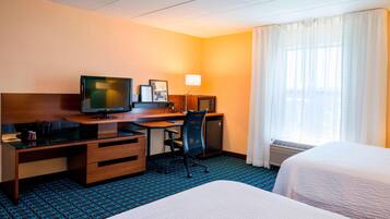 Desk, laptop workspace, blackout curtains, iron/ironing board