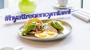 A plate of food with eggs and avocado, a small vase with flowers, and a cup on a table by a window.