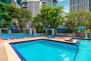 Outdoor pool, open 7 AM to 10 PM, pool umbrellas, sun loungers