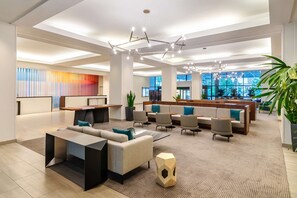 Relax in our inviting lobby, featuring a spacious seating area, modern reception desk, and large windows offering a view of the outdoors.