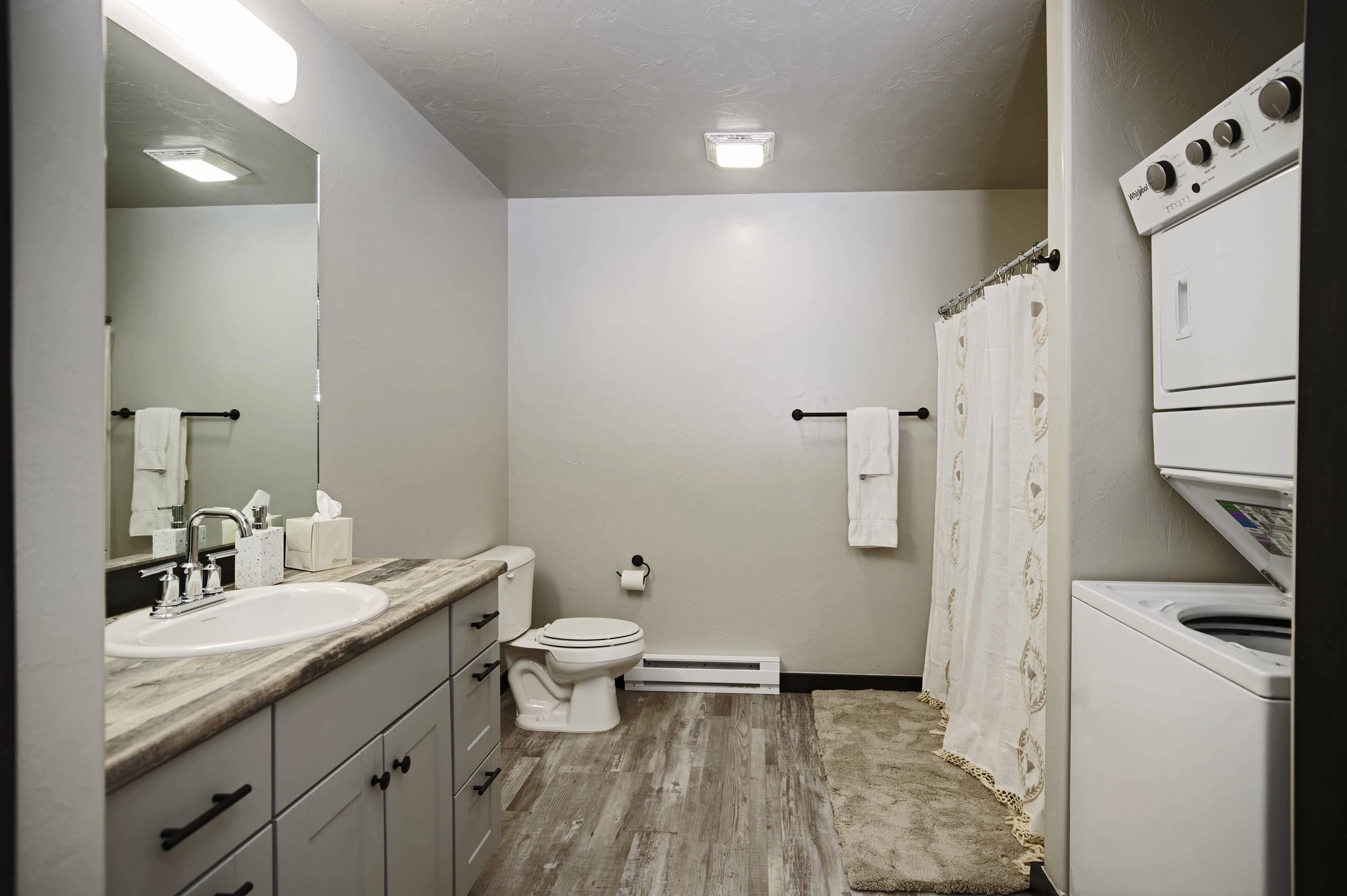 Un bagno con lavandino, WC e lavatrice.