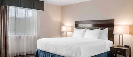A hotel room with a large bed, two bedside lamps, a nightstand, and a view of the outdoors through sheer curtains.