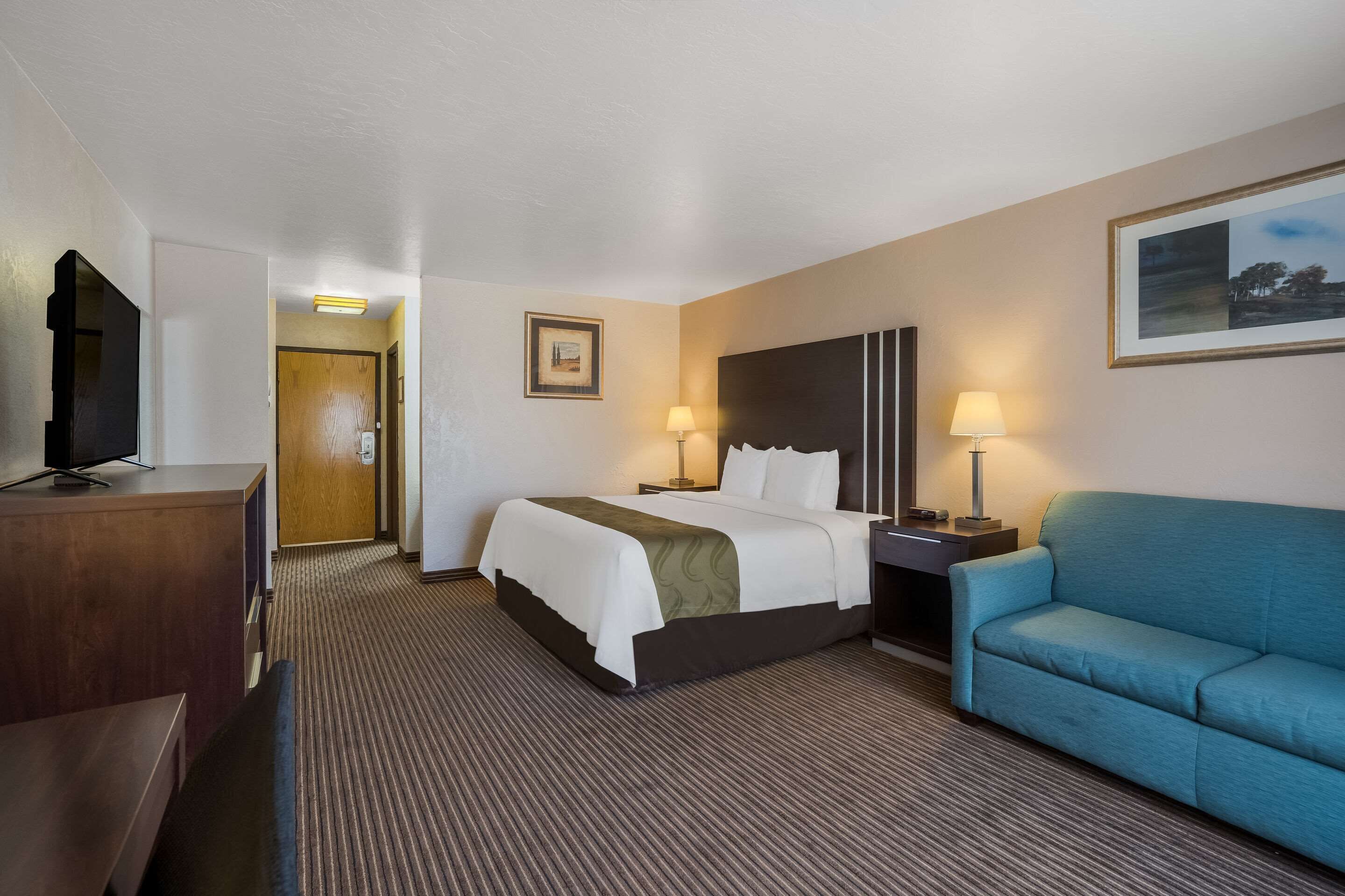 Una habitación de hotel con cama, televisor, escritorio, sofá y dos lámparas.
