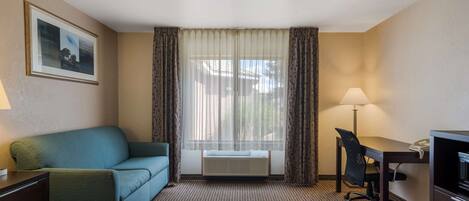 Une chambre d’hôtel avec un lit, un bureau, une chaise, un canapé, une lampe et un tableau au mur.