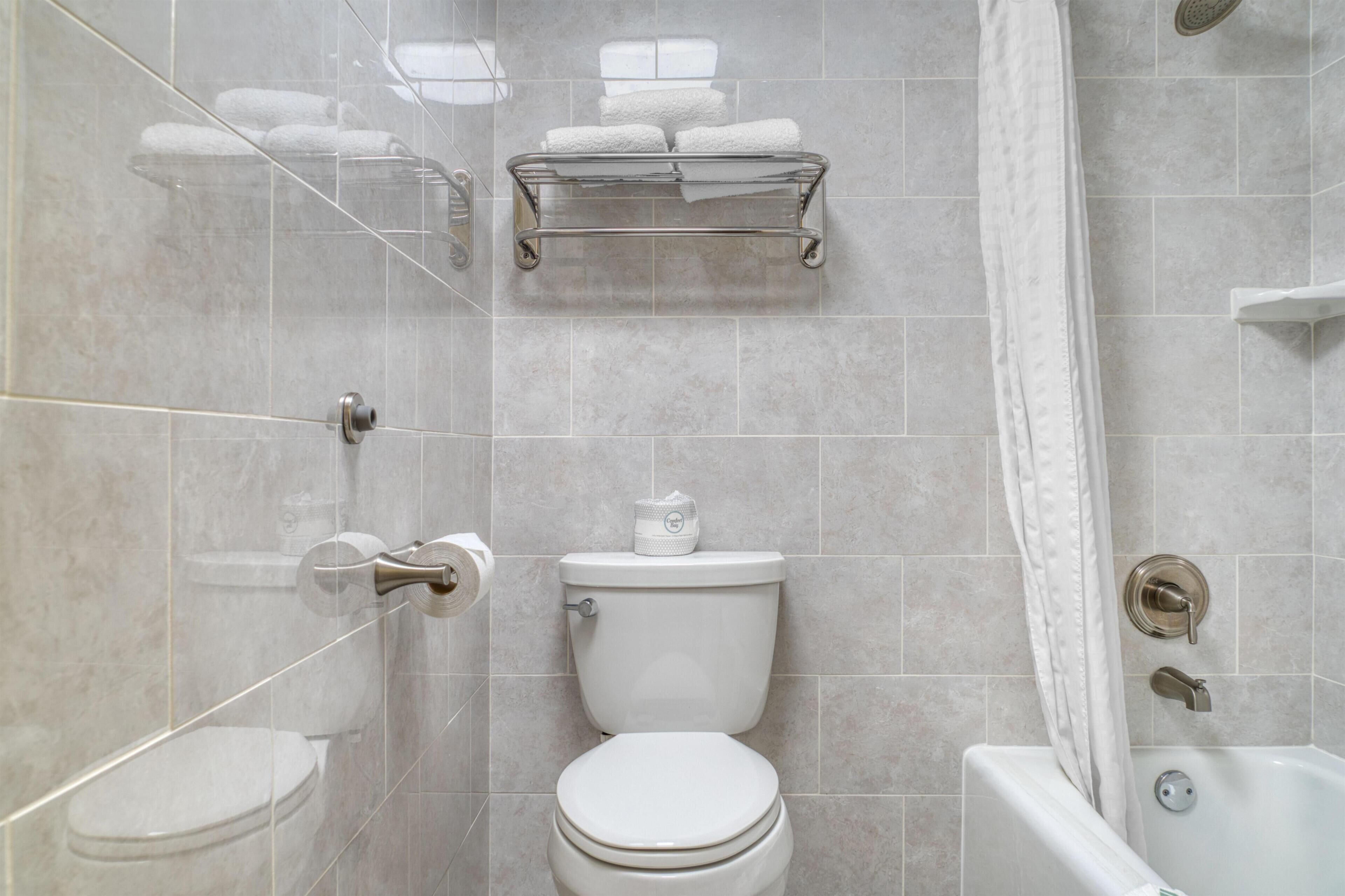 A bathroom with a toilet, a shower, and a bathtub.