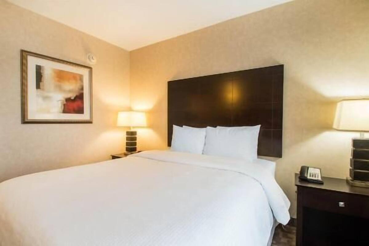 A hotel room with a large bed, two bedside tables, a headboard, a framed picture on the wall, and a lamp on each table.