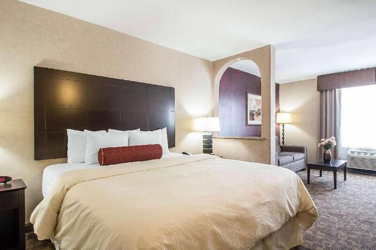 A hotel room with a large bed, a nightstand, a lamp, a sofa, and a window with curtains.