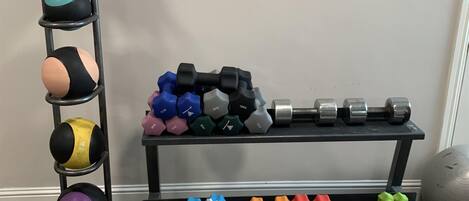 A home gym with a rack of kettlebells, dumbbells, and medicine balls.