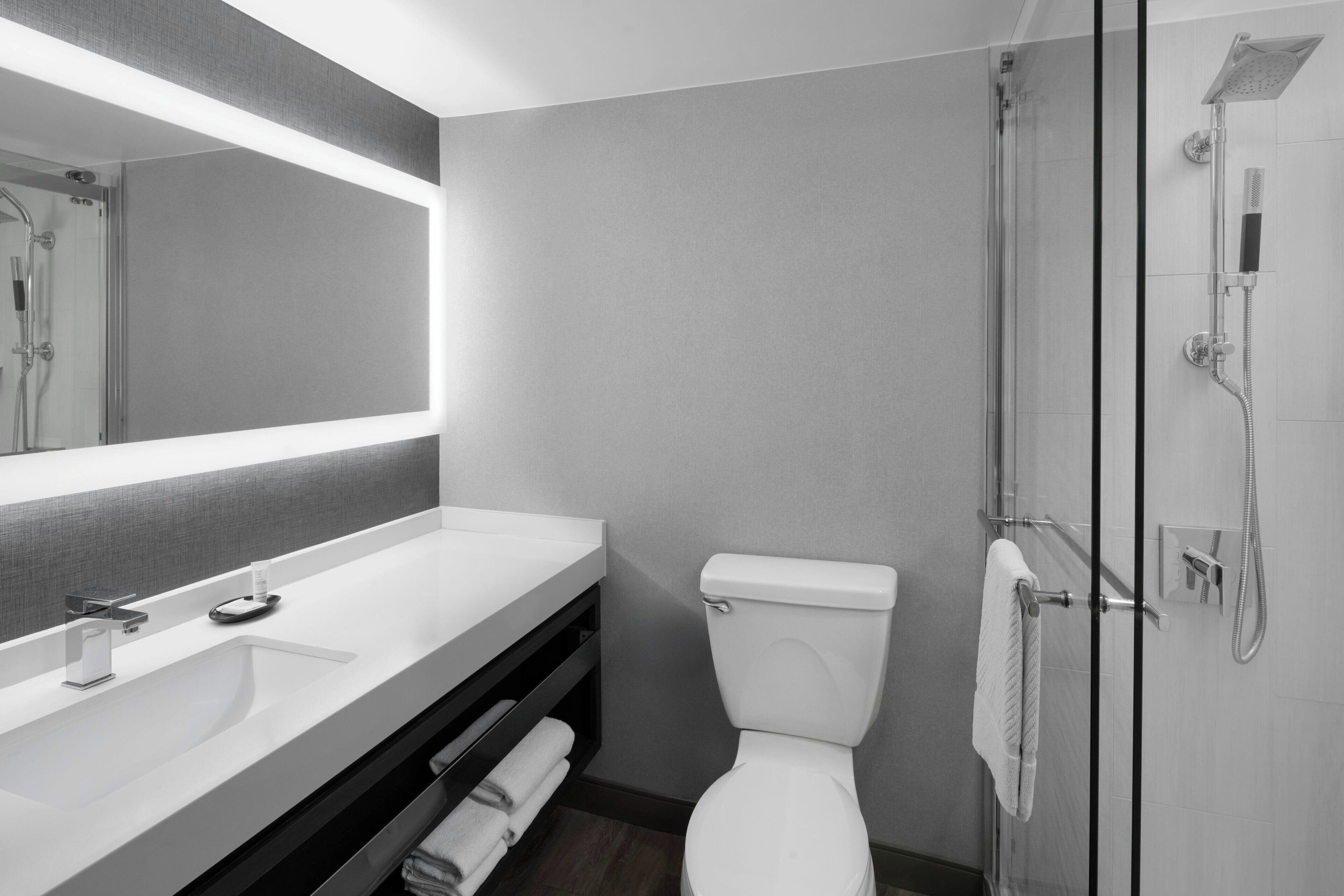 A modern bathroom with a large mirror, a white sink, a toilet, and a glass-enclosed shower.