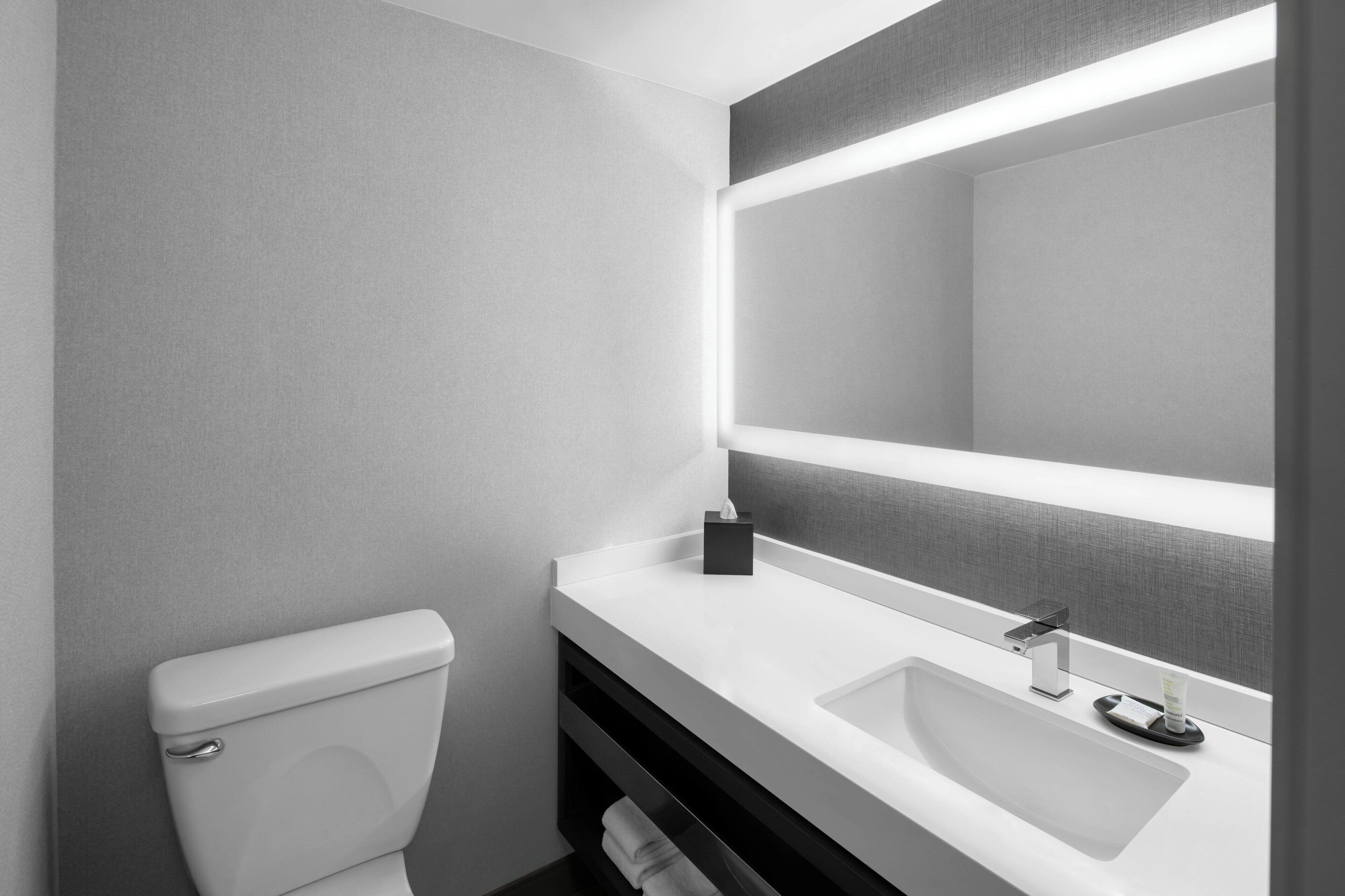 Une salle de bain moderne avec un lavabo blanc, un miroir et des toilettes.