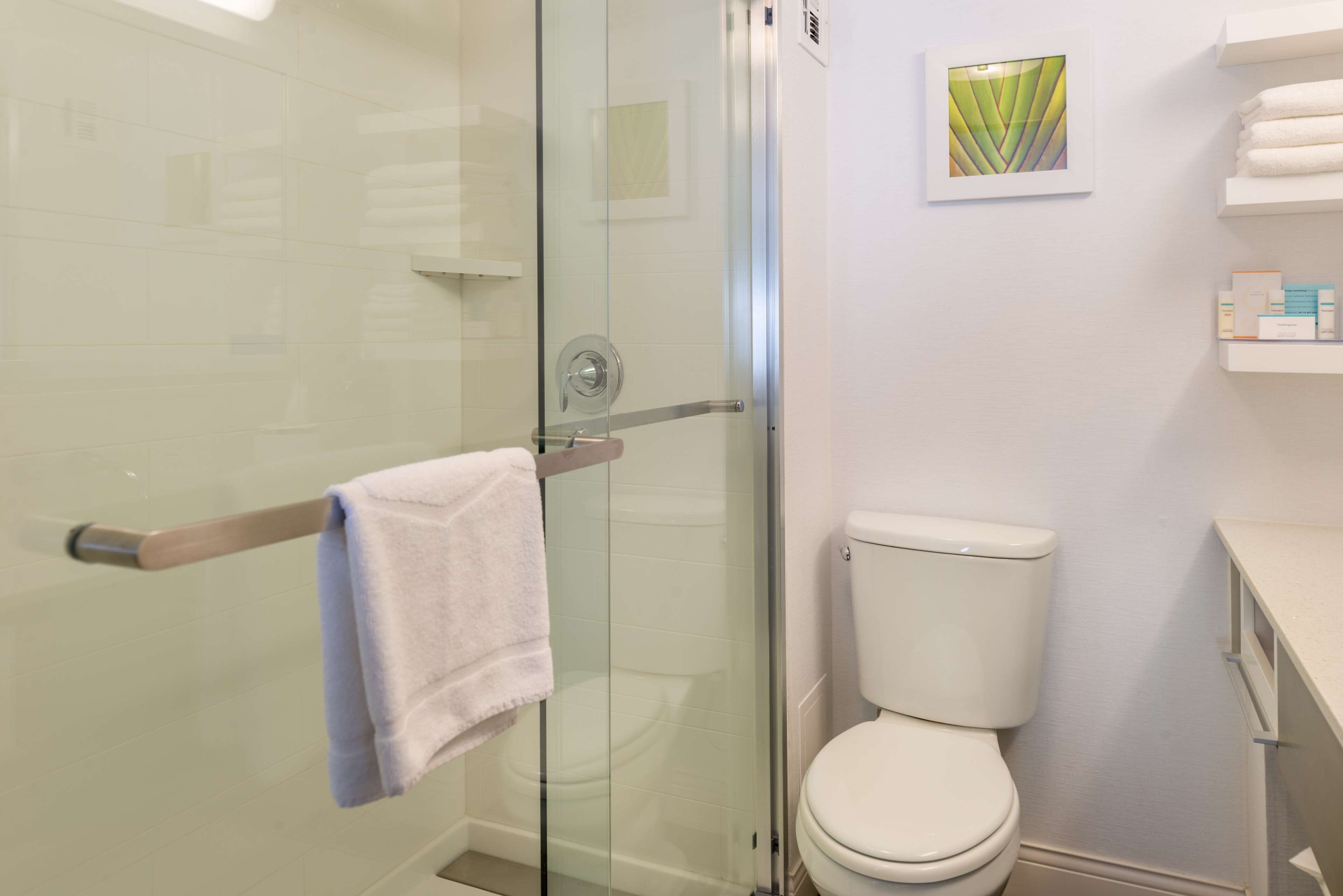Un baño con cabina de ducha de vidrio, inodoro y toallero con una toalla.