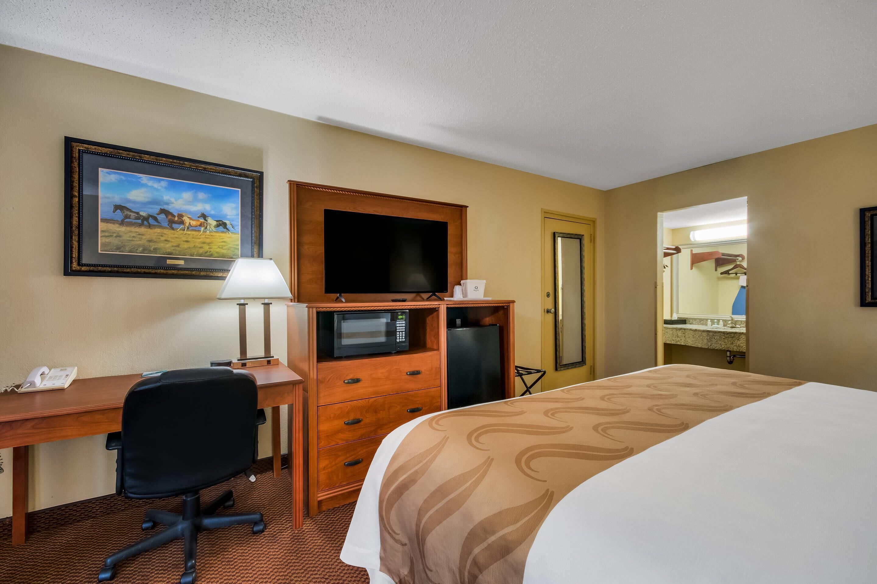 A hotel room with a bed, desk, chair, television, microwave, refrigerator, and a framed picture on the wall.