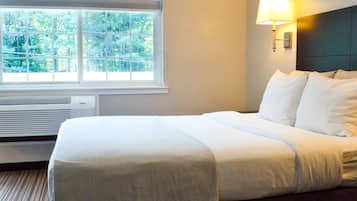 Habitación de hotel con una cama grande, una ventana con vistas a árboles, una lámpara de pared y un equipo de aire acondicionado.