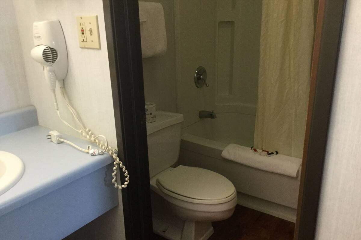 Combined shower/tub, eco-friendly toiletries, hair dryer, towels