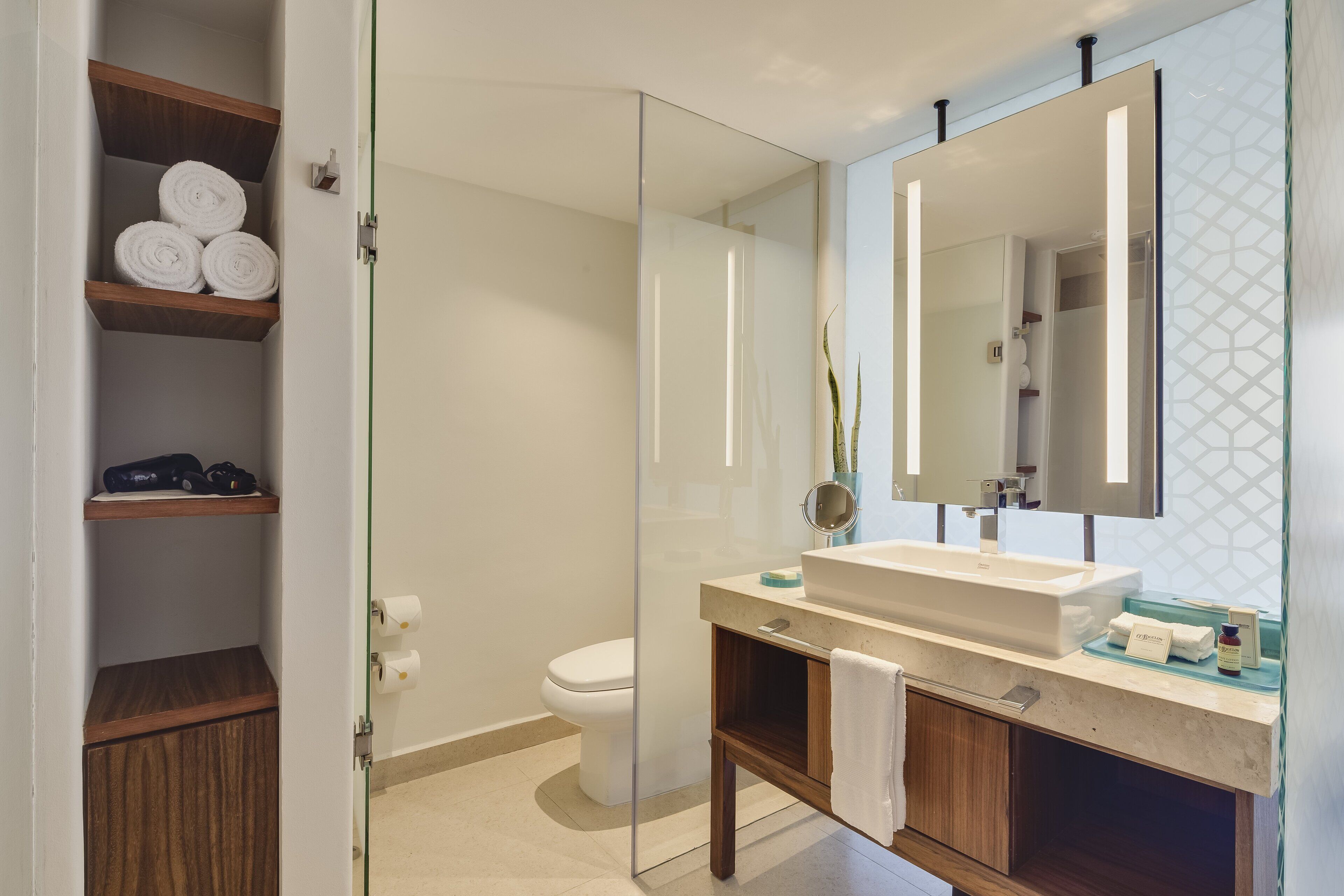 A modern bathroom with a glass shower enclosure, a white toilet, a wooden vanity with a mirror, and a shelf with rolled towels.