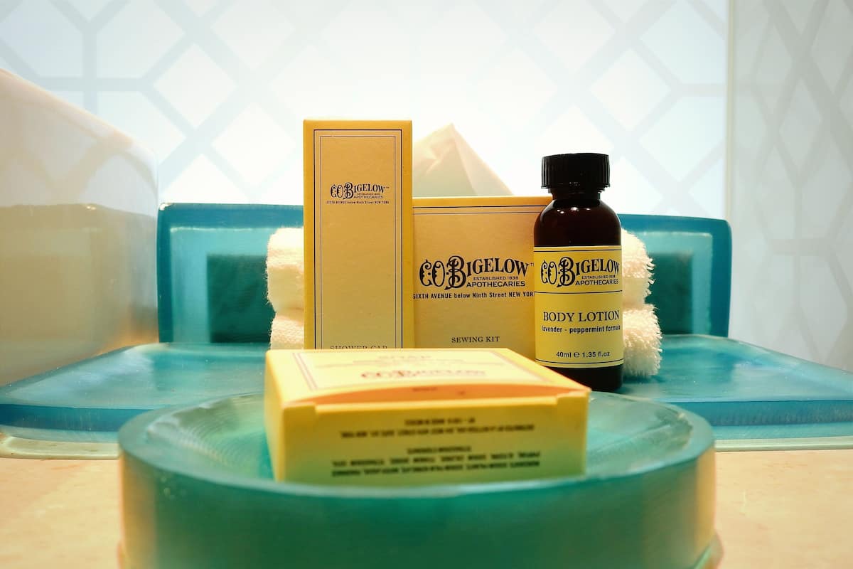 Eco-friendly toiletries, hair dryer, towels, soap